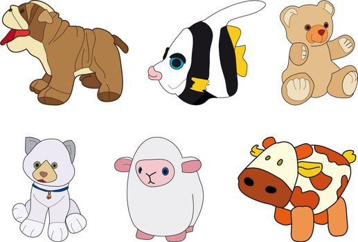 Puppies for children.  Dog, fish, bear, cat, sheep and cow