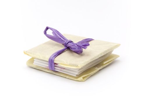 A small book tied with a purple ribbon like a present