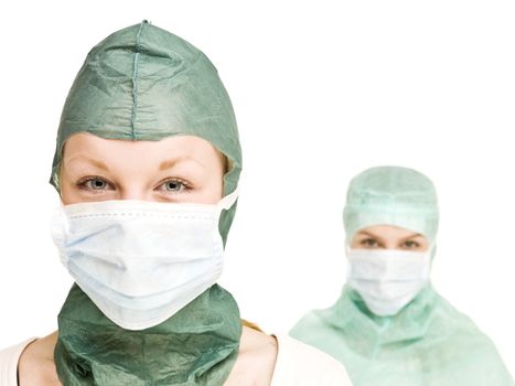 Two Girls with Surgical masks isolated on white background