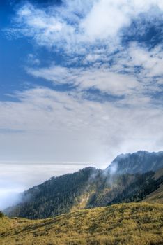It is the mountain landscape with clouds and mist.