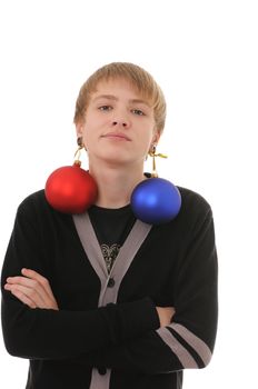 The teenager with christmas-tree decorations in ears isolated on white background
