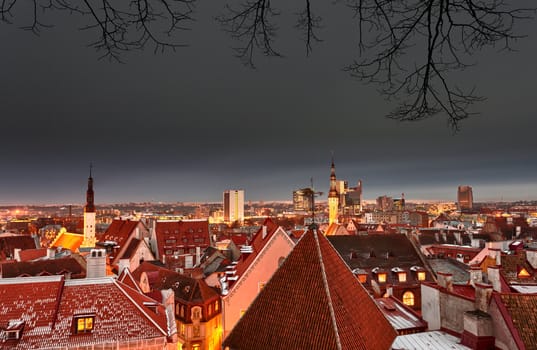 Overview of Tallinn in Estonia taken from the overlook in Toompea showing the town walls and churches