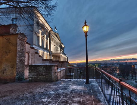 Overview of Tallinn in Estonia taken from the overlook in Toompea an old floodlit building. Taken in HDR to enhance the sunset