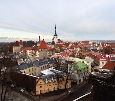 Overview of Tallinn in Estonia taken from the overlook in Toompea showing the town walls and churches