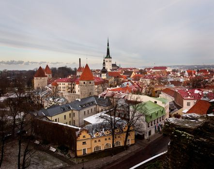 Overview of Tallinn in Estonia taken from the overlook in Toompea showing the town walls and churches