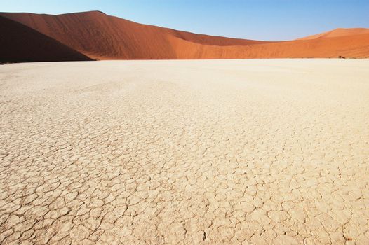 Dry terrain and dune - Lack of water. Namibia, Deadvlei, Sossuvlei.