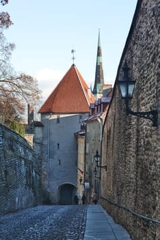 Luhike street leads to the old town of Toompea in Tallinn Estonia taken with HDR to enhance the detail in the walls