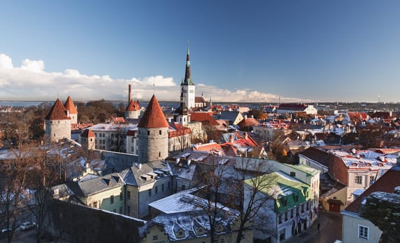 Overview of Tallinn in Estonia taken from the overlook in Toompea showing the town walls and churches