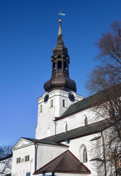 Dome Church in Estonia in Tallinn with a close up of the bronze spire and bell tower