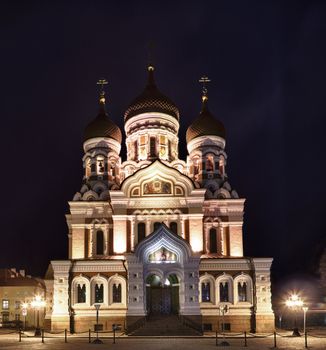 Greek Orthodox cathedral of Alexander Nevsky in Tallinn Estonia at night