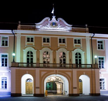 Front of the parliament building in Tallinn Estonia taken at night as the building is floodlit