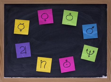 blank copy space on blackboard surrounded by eight colorful sticky notes with astronomical signs for planets (Mercury, Venus, Earth, Mars, Jupiter, Saturn, Uranus, Neptune)