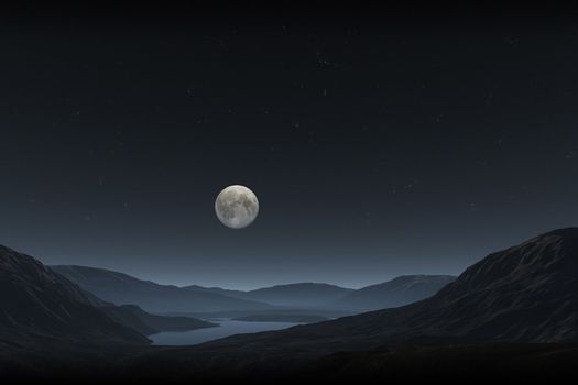 An image of a night landscape with a full moon