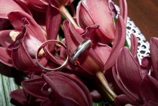 wedding rings are on the beautiful bouquet