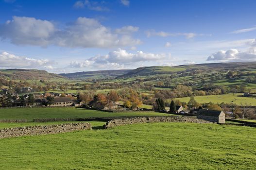 Farmalnd in Swaledale valley Yorkshire Dales England 