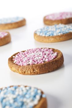 Dutch muisjes: anise flavored candies served on round toast.