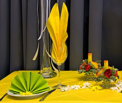 Decorated wedding table. Green apple with name card