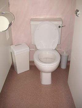 toilet cubicle with the toilet seat up
