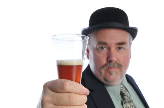 man in a derby hat with a beer