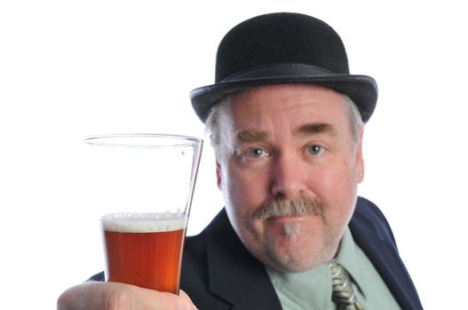 a man with a beer in his hand wearing a derby hat