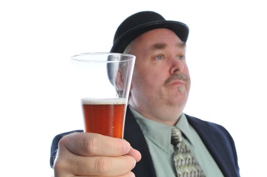 man in a derby hat holding a beer in his hand