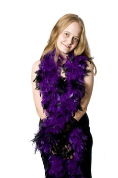 young woman posing on white with purple feathers