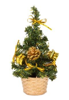 decorated fir tree in basket, isolated on white