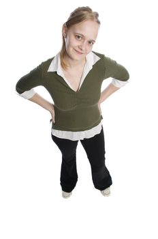 a young woman in casual dress on white background