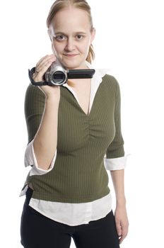 woman with a video camera having fun