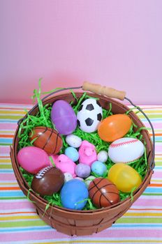 a small easter basket with candy and eggs