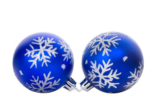 close-up blue ball with snowflakes, isolated on white