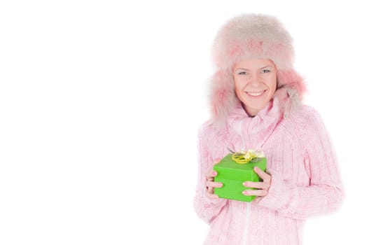 Beautiful woman in pink fur hat, isolated on white