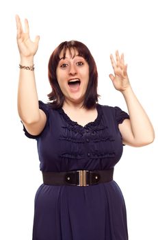 Happy Young Caucasian Woman with Hands in the Air Isolated on a White Background. 
