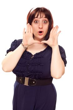 Expressive Young Caucasian Woman with Hands Framing Face Isolated on a White Background. 
