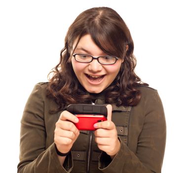 Excited Young Caucasian Woman Texting on Her Mobile Phone Isolated on White.
