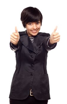 Happy Young Mixed Race Woman With Two Thumbs Up Isolated on a White Background.