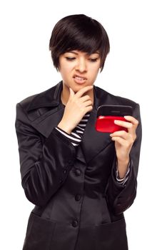 Frustrated Young Mixed Race Woman Looking At Her Mobile Phone Isolated on White.