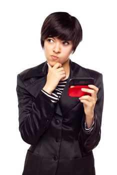 Pensive Young Mixed Race Woman Holding Her Mobile Phone Isolated on White.