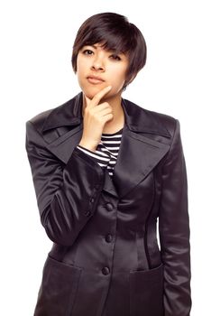 Pensive Young Mixed Race Woman with Hand to Chin Isolated on a White Background.