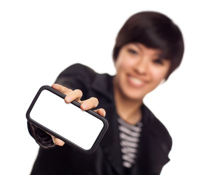 Smiling Young Mixed Race Woman Holding Blank Smart Phone Out - Focus is On the Phone Ready for Your Own Message.