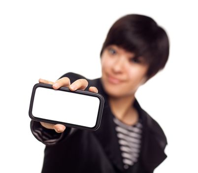 Smiling Young Mixed Race Woman Holding Blank Smart Phone Out - Focus is On the Phone Ready for Your Own Message.