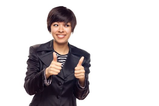 Happy Young Mixed Race Woman With Two Thumbs Up Isolated on a White Background.