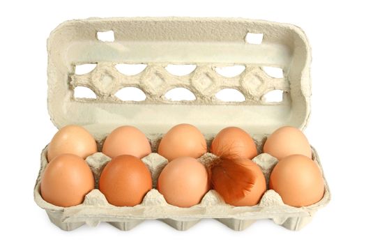 Eggs in a box on bright background