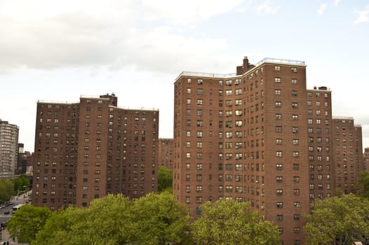 view from brooklyn bridge of apartment complex, nyc