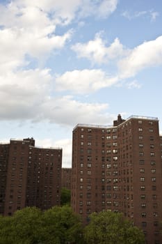 view from brooklyn bridge of apartment complex, nyc