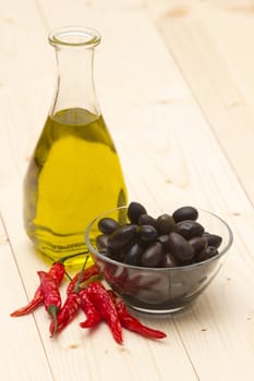 olive oil, black olives, chili peppers
