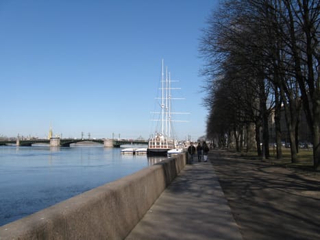 Sidewalk by the river Neva at Saint Petersburg, Russia