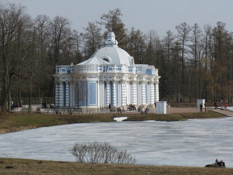 Small castle by a frozen lake in Pushkin, Russia