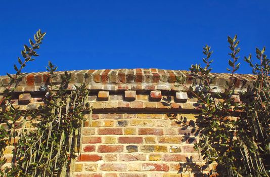 curved brick garden wall and a clear blue sky