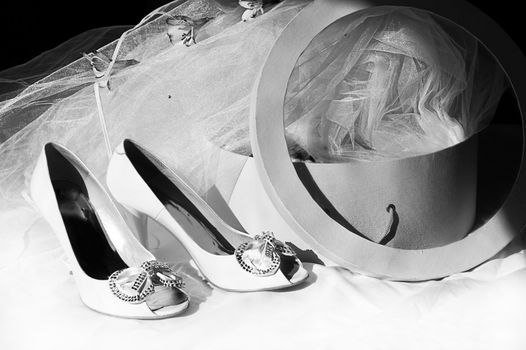 Wedding shoes, veil and box in black and white